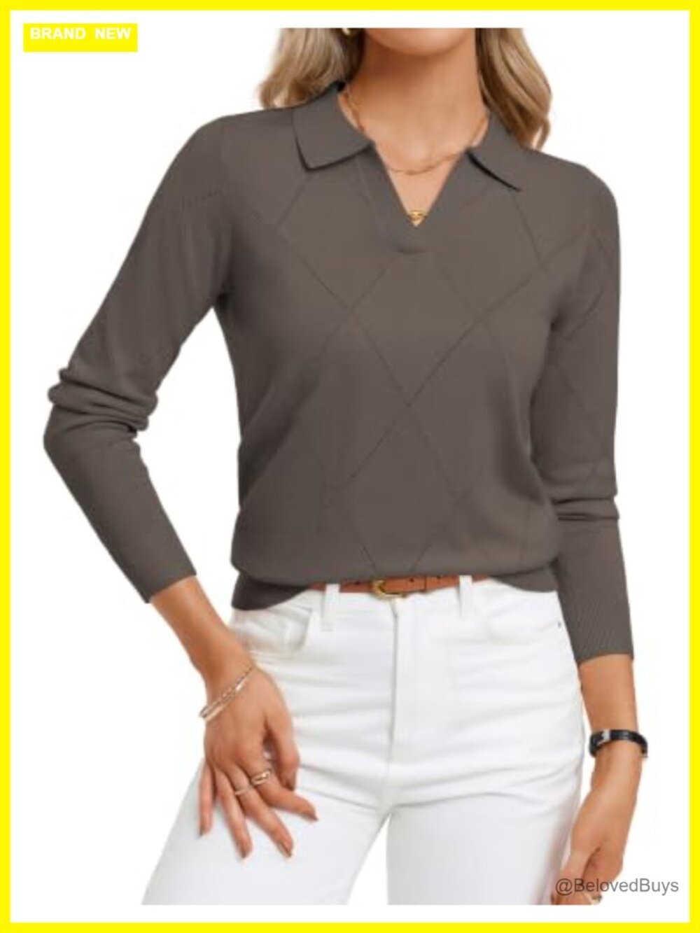 Kate K's V Neck Sweater Pullover Crochet Knit Polo Collar Long Sleeve